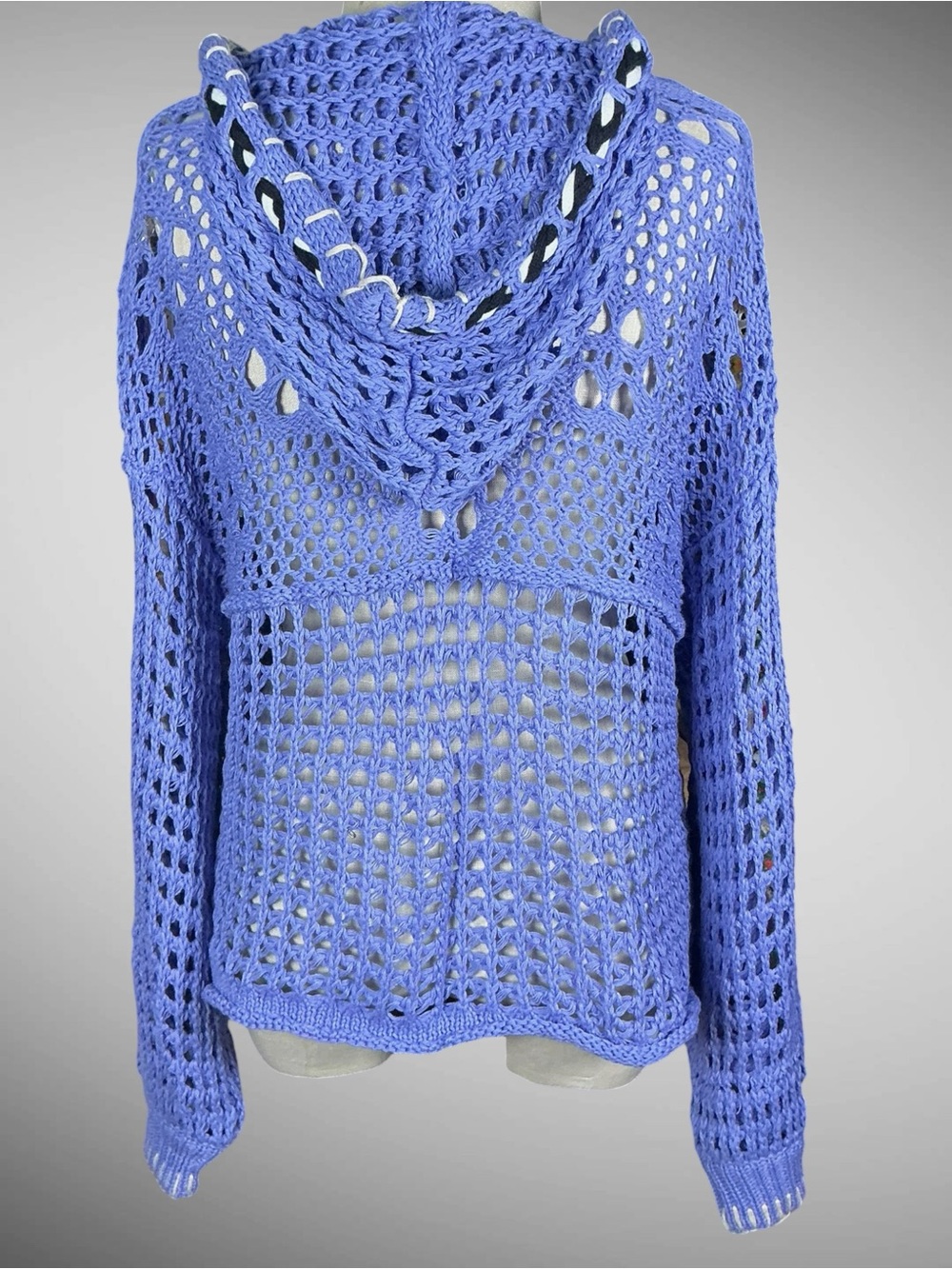 POL Open Knit Zip Hoodie Sweater L Purple Crochet Patchwork Boho Festival - Picture 6 of 9